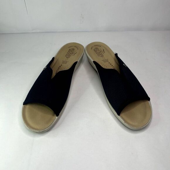 Fly Flot Italian Navy Blue Comfy Tan Wedge Slide Sandals Slip Ons Mesh Womens - Picture 7 of 8